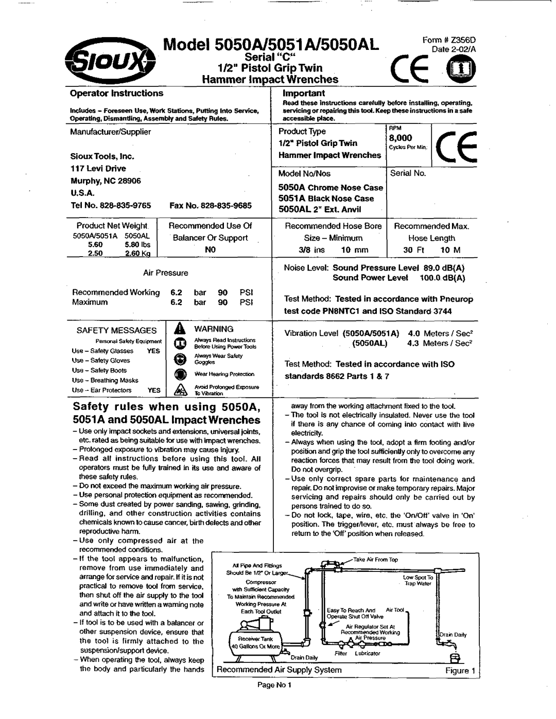 Sioux Tools 5050N5051AL5050AL manual Model 5050N5051Al5050AL Form # Z356D 