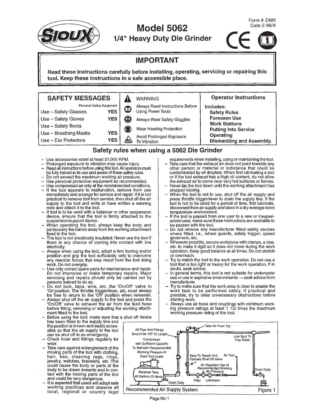 Sioux Tools manual Model, Safety rules when using a 5062 Die Grinder 