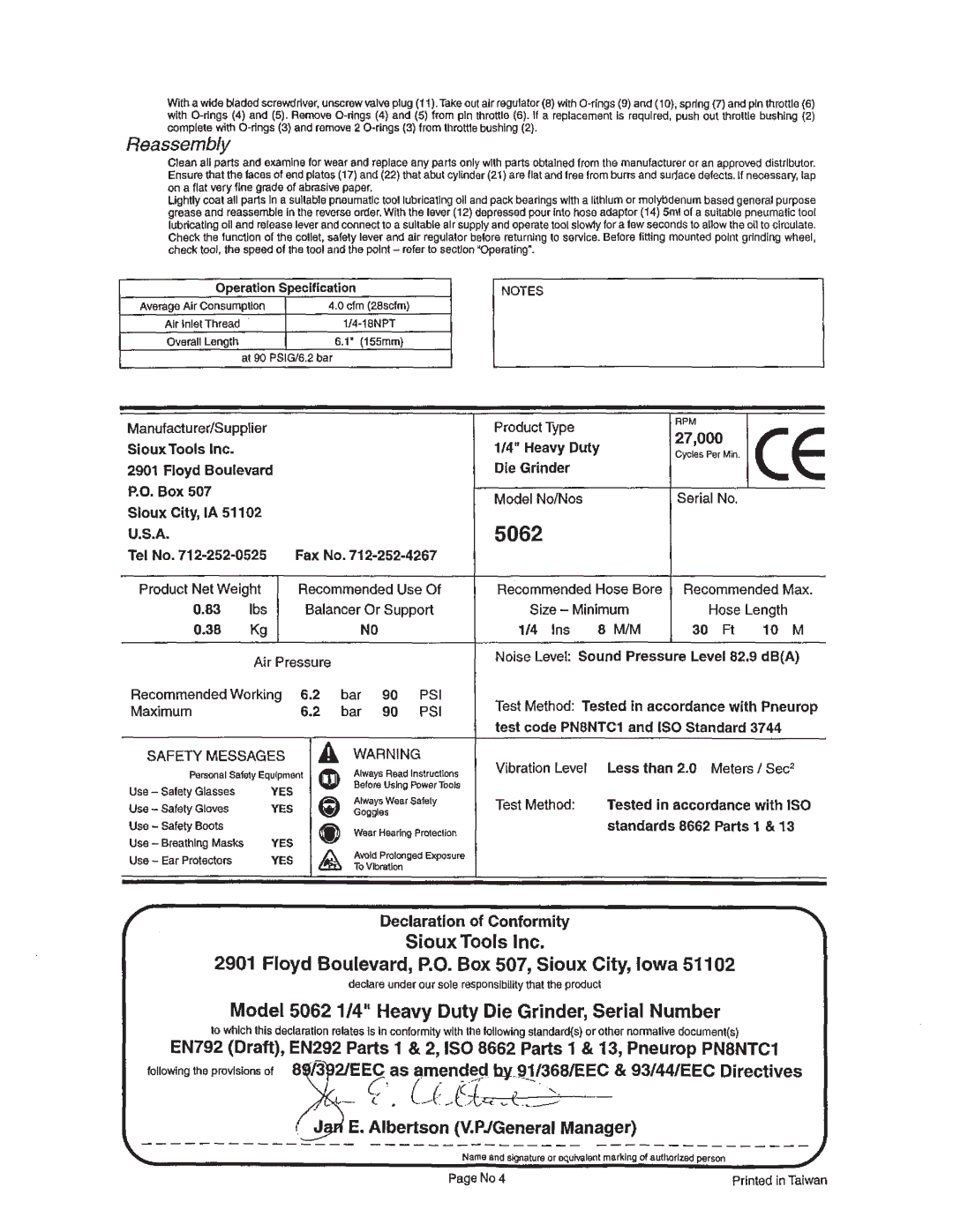 Sioux Tools manual Reassembly, Model 5062 114 Heavy Duty Die Grinder, Serial Number, Ooeration Soecification 