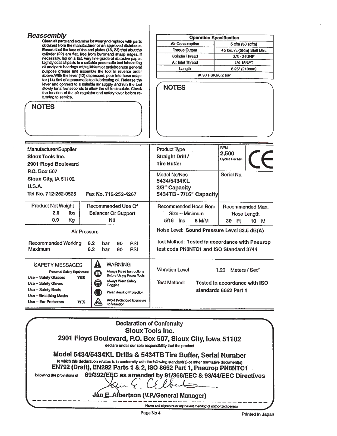 Sioux Tools 5434KL manual 