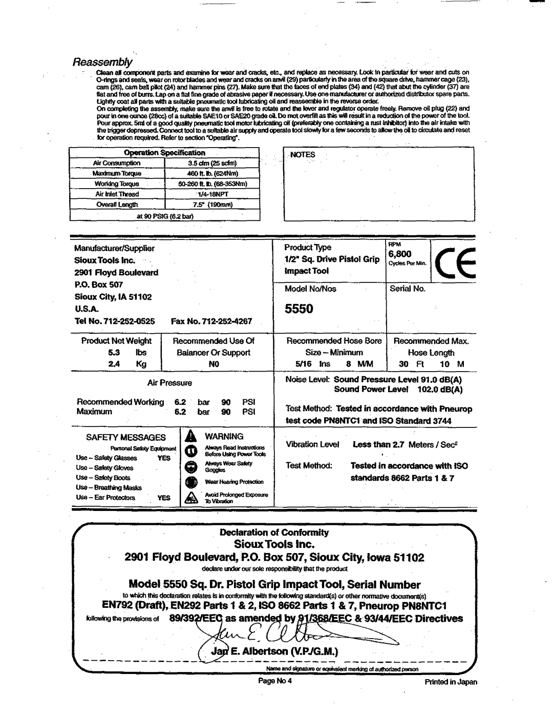 Sioux Tools manual SiouxToots Inc, D e l 5550Sq. Dr. Pistol Grip ImpactTool, Serial Number 