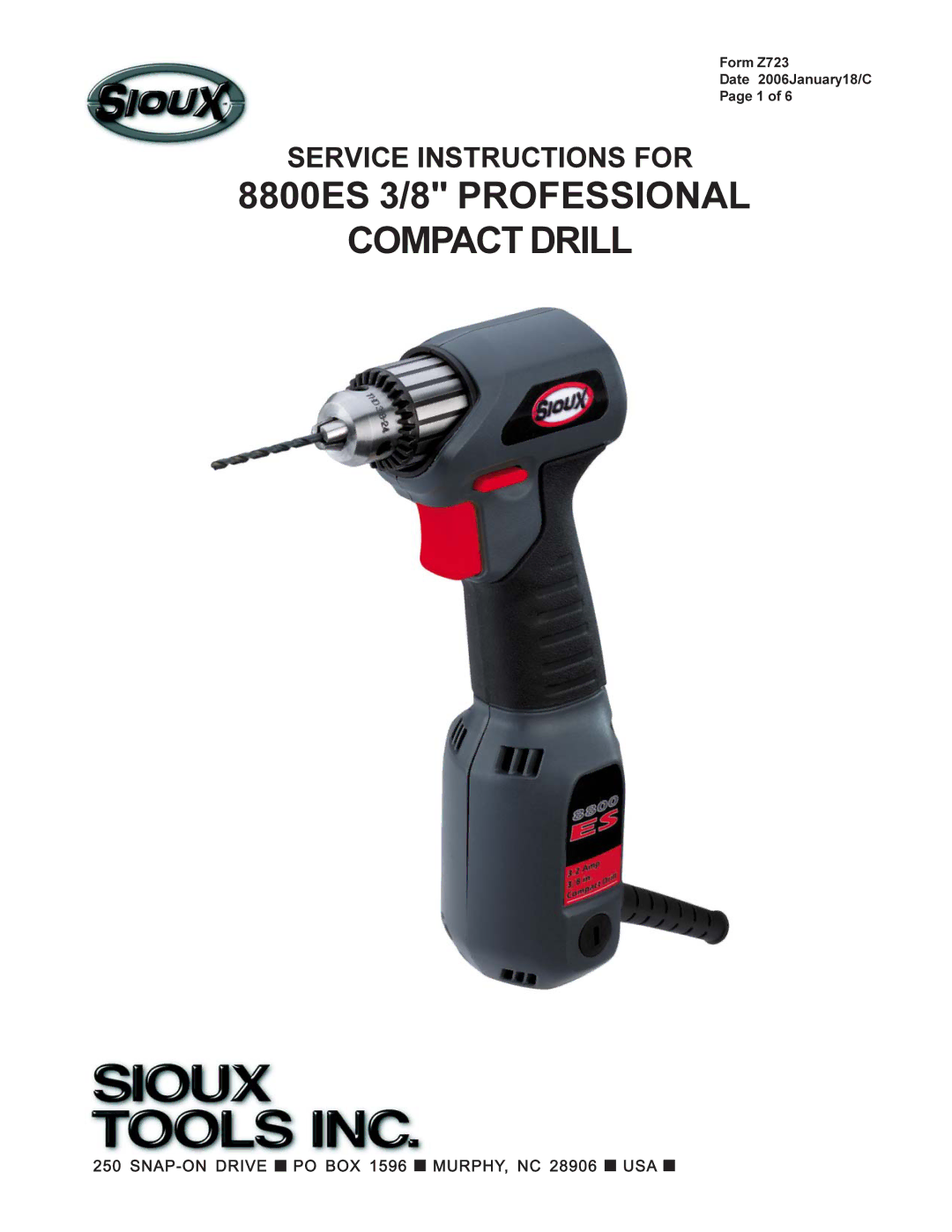 Sioux Tools manual 8800ES 3/8 Professional Compact Drill, Form Z723 Date 2006January18/C 