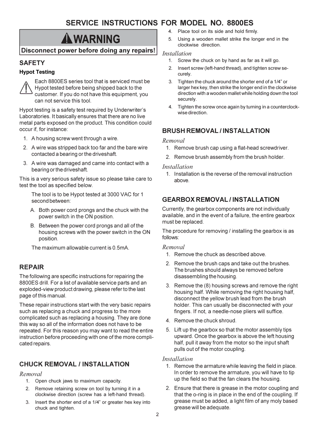 Sioux Tools 8800ES manual Service Instructions for Model no ES 