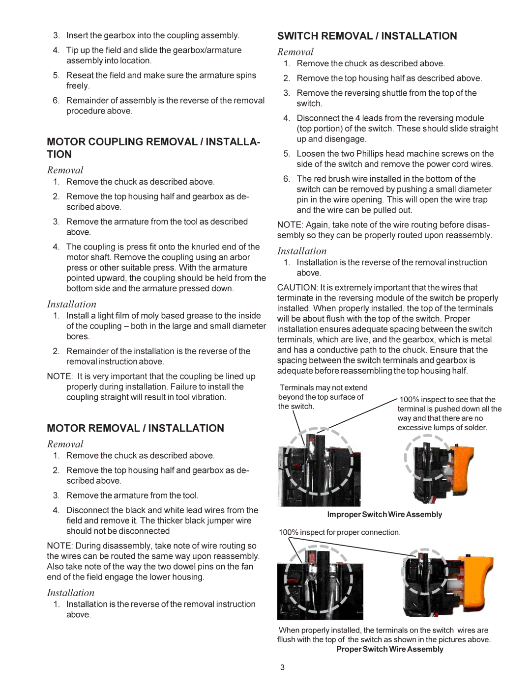 Sioux Tools 8800ES Motor Coupling Removal / INSTALLA- Tion, Motor Removal / Installation, Switch Removal / Installation 