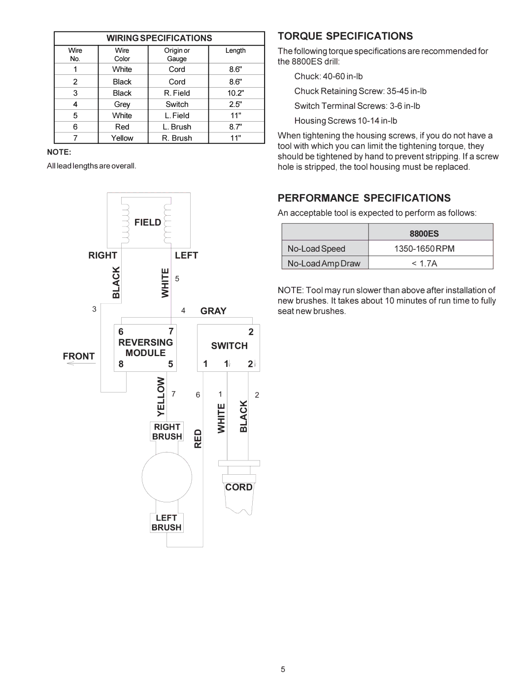 Sioux Tools 8800ES manual Torque Specifications, Performance Specifications 