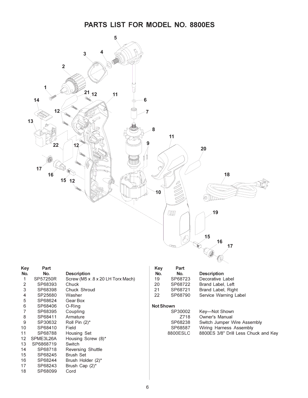 Sioux Tools 8800ES manual Parts List for Model no ES, Key Part No. No. Description, Key Part Description, Not Shown 