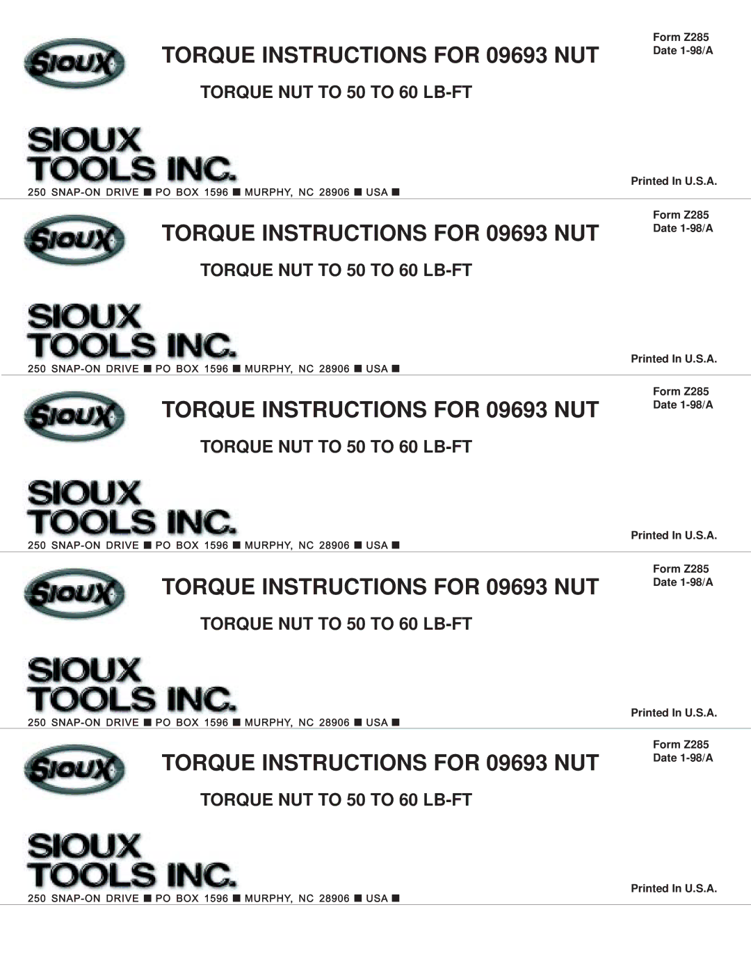 Sioux Tools manual Torque Instructions for 09693 NUT 