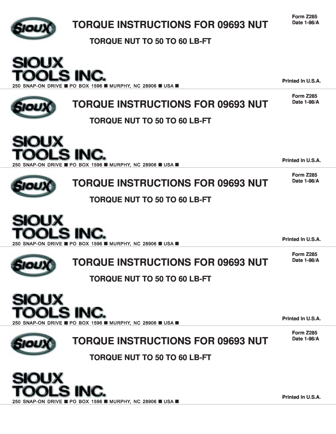 Sioux Tools manual TORQUE INSTRUCTIONS FOR 09693 NUT, TORQUE NUT TO 50 TO 60 LB-FT, Form Z285 Date 1-98/A 