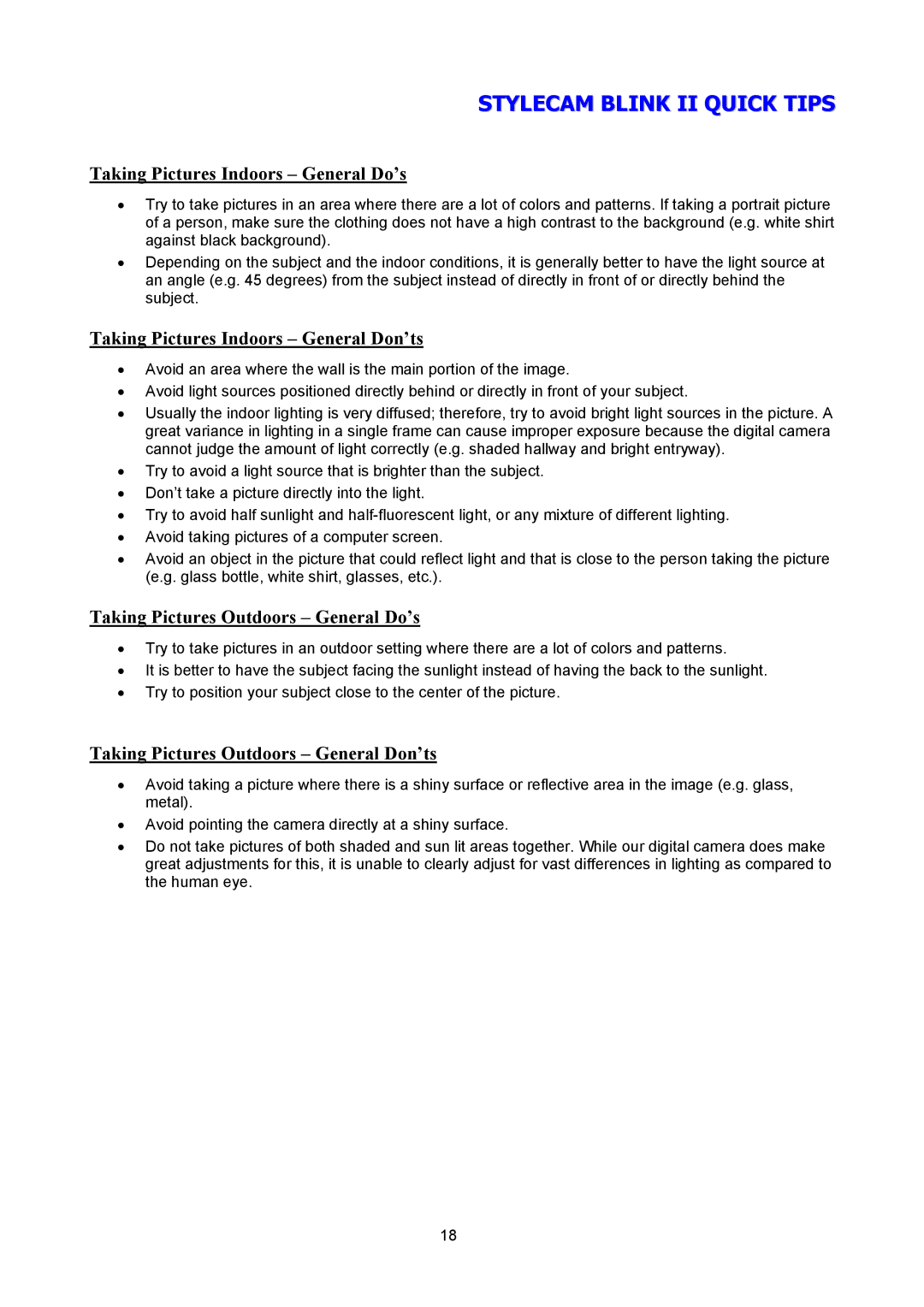 SiPix manual Stylecam Blink II Quick Tips, Taking Pictures Indoors General Do’s, Taking Pictures Indoors General Don’ts 