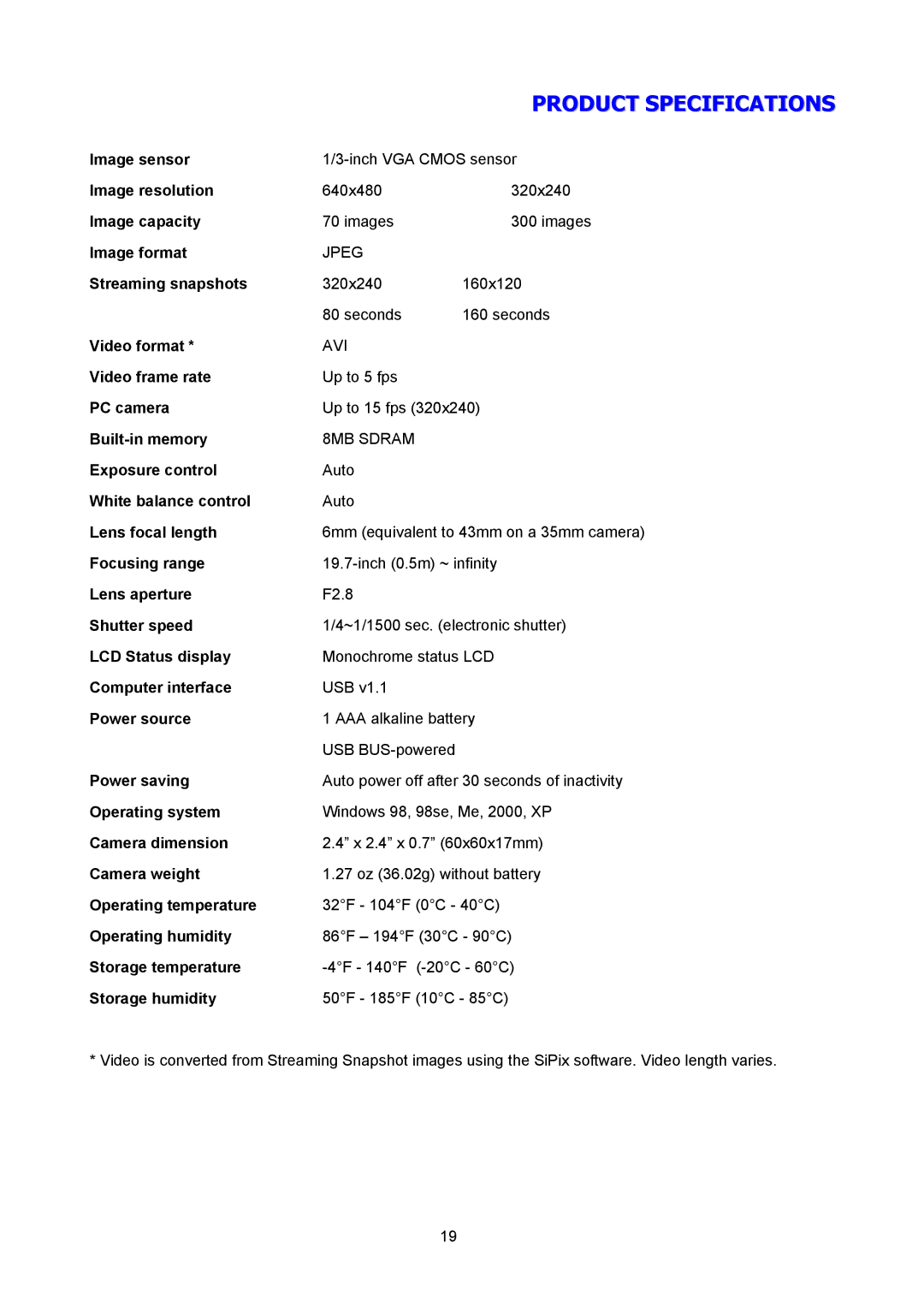 SiPix Blink Image sensor, Image resolution, Image capacity, Image format, Streaming snapshots, Video format, PC camera 