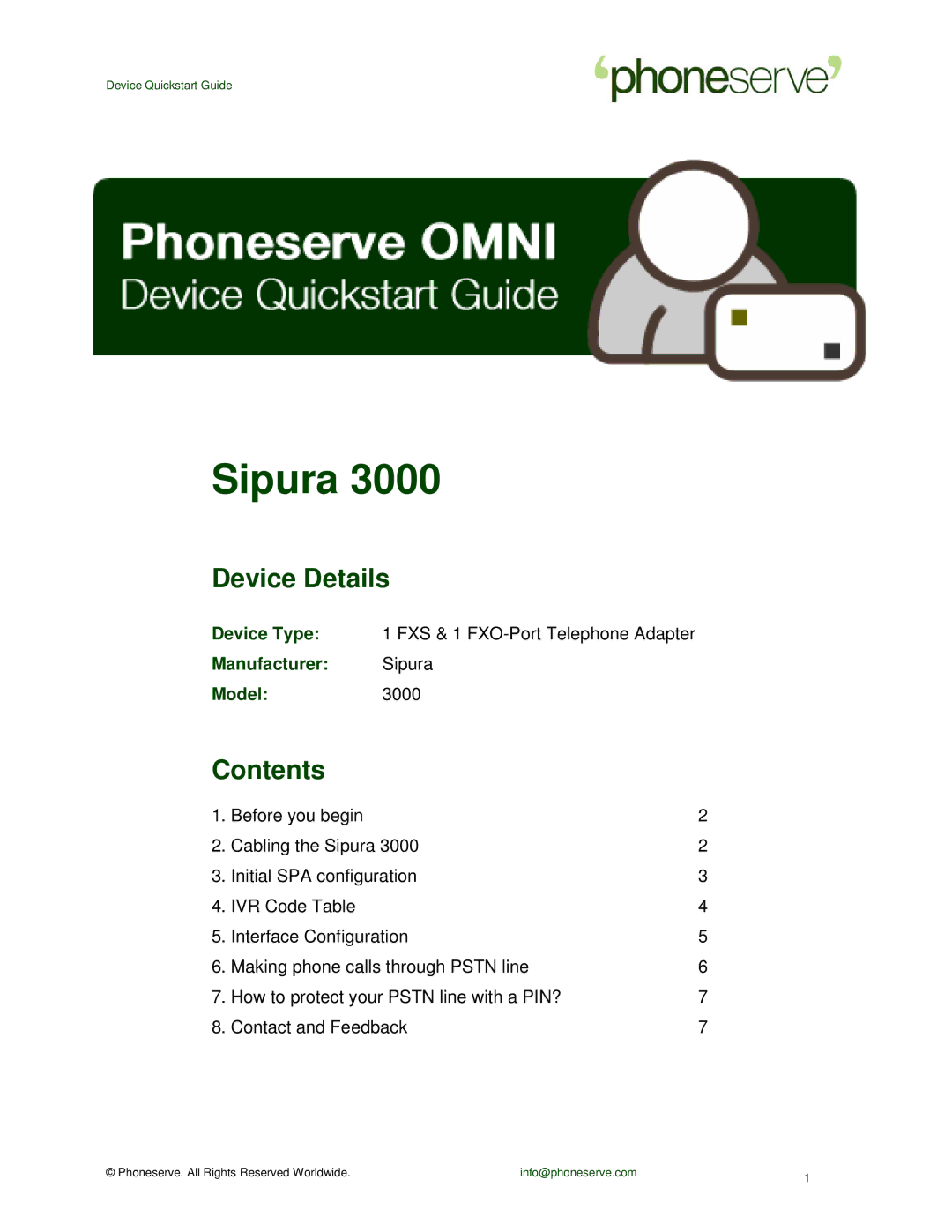 Sipura Technology 3000 manual Device Details, Contents 