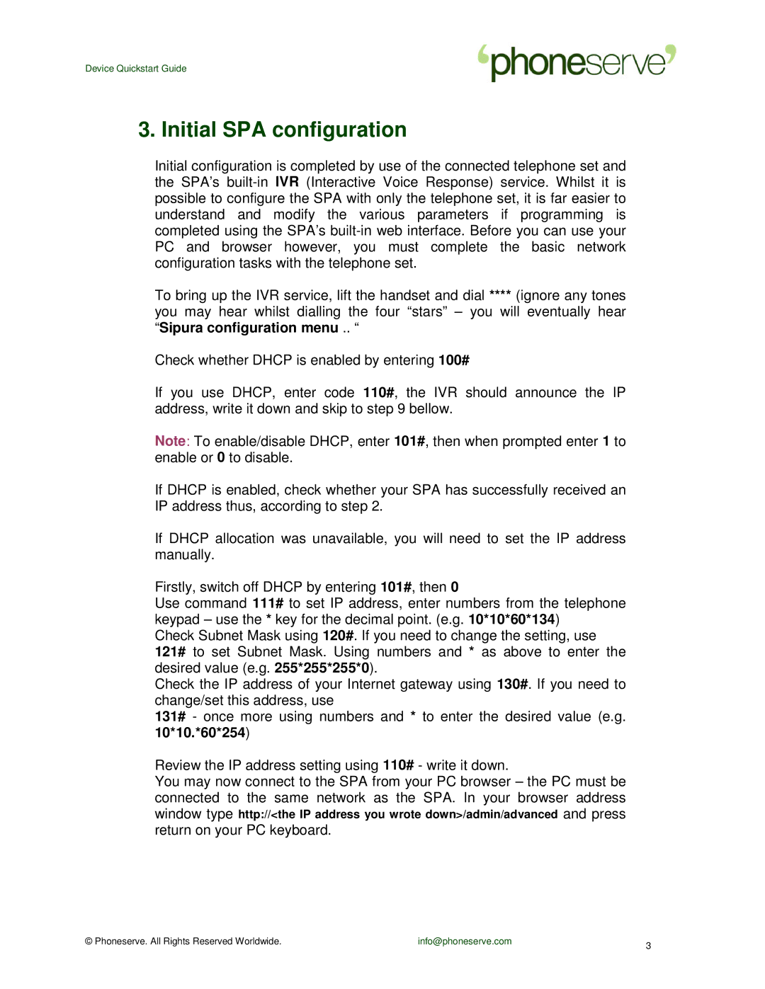 Sipura Technology 3000 manual Initial SPA configuration 