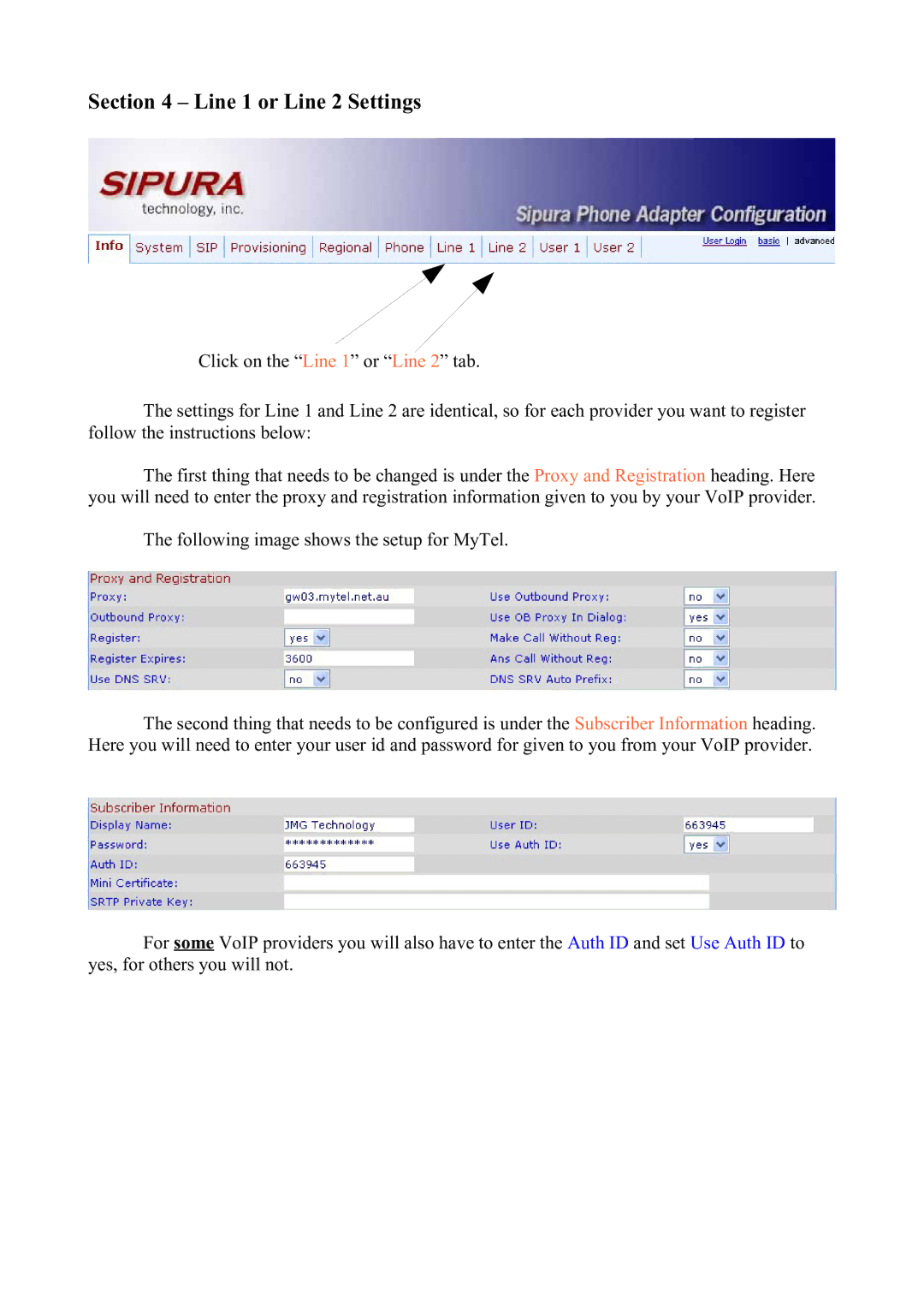 Sipura Technology SPA-1001 manual Line 1 or Line 2 Settings 