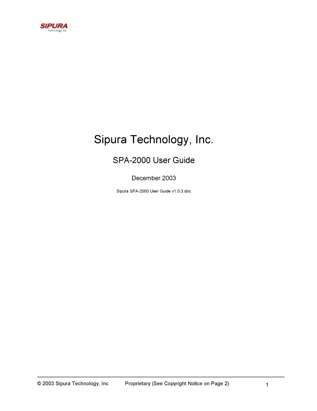 Sipura Technology SPA-2000 manual Sipura Technology, Inc, December 