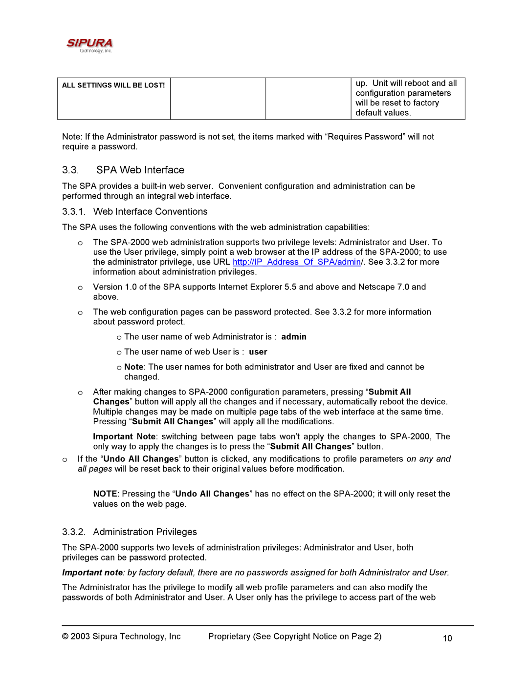 Sipura Technology SPA-2000 manual SPA Web Interface, Web Interface Conventions, Administration Privileges 