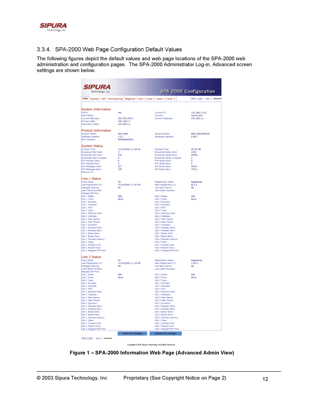 Sipura Technology SPA-2000 Web Page Configuration Default Values, SPA-2000 Information Web Page Advanced Admin View 