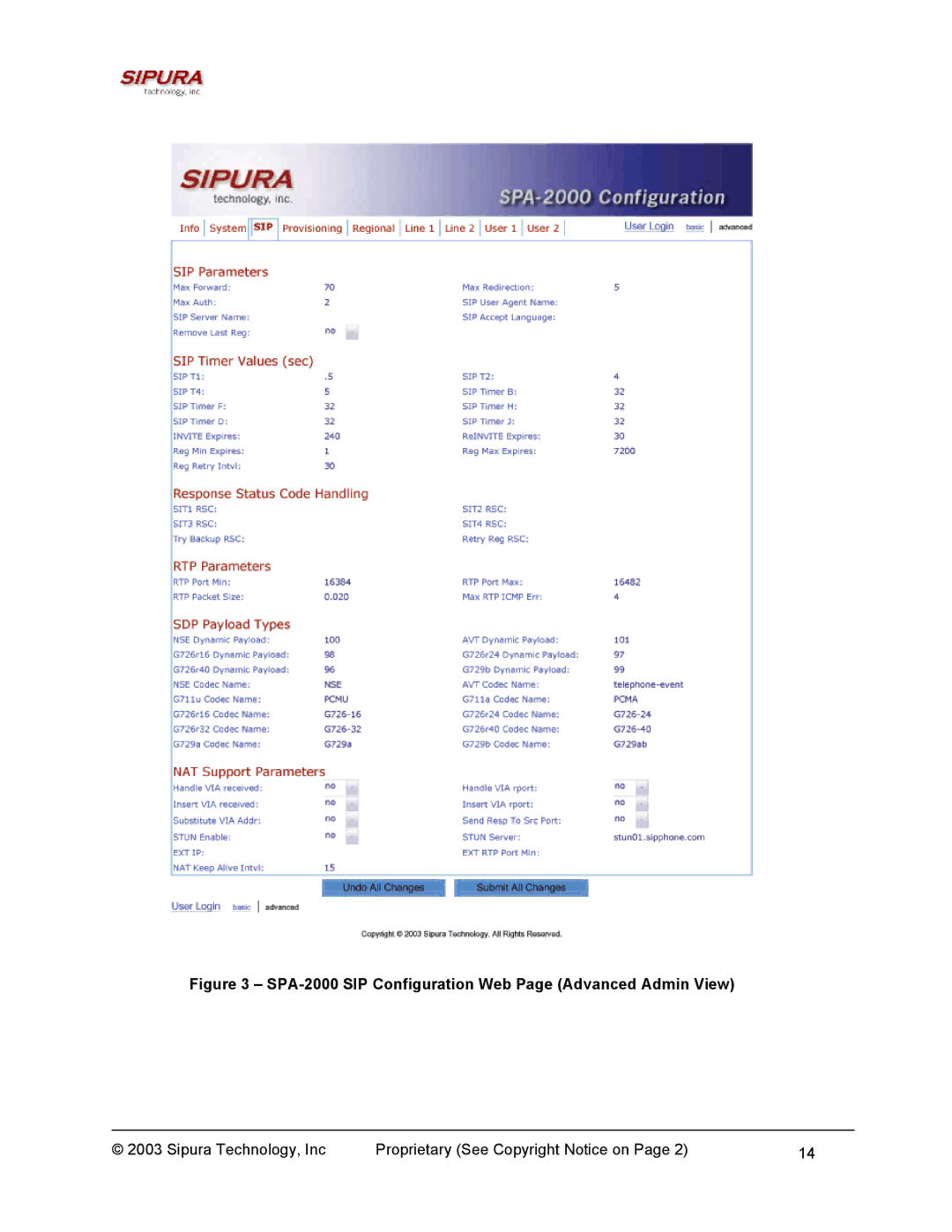 Sipura Technology manual SPA-2000 SIP Configuration Web Page Advanced Admin View 