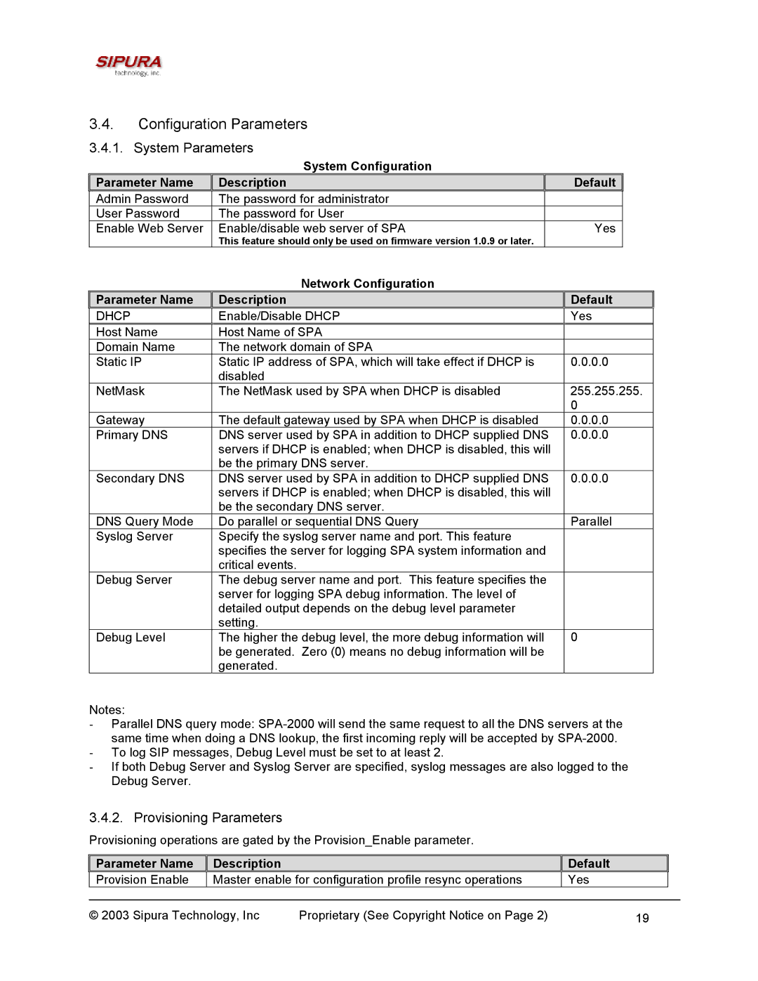 Sipura Technology SPA-2000 manual Configuration Parameters, System Parameters, Provisioning Parameters 