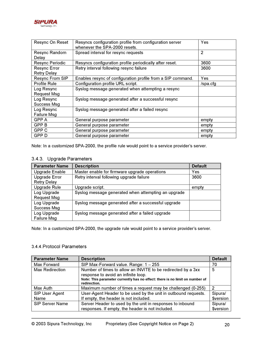 Sipura Technology SPA-2000 manual Upgrade Parameters, Protocol Parameters 