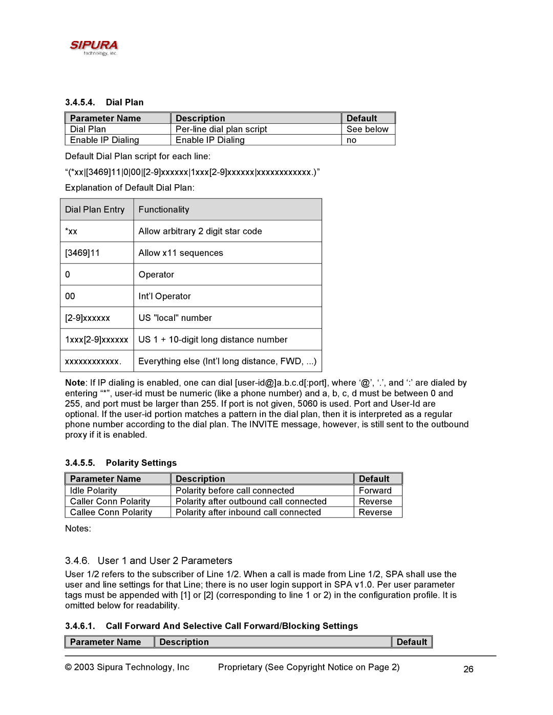 Sipura Technology SPA-2000 manual User 1 and User 2 Parameters, Dial Plan Parameter Name Description Default 