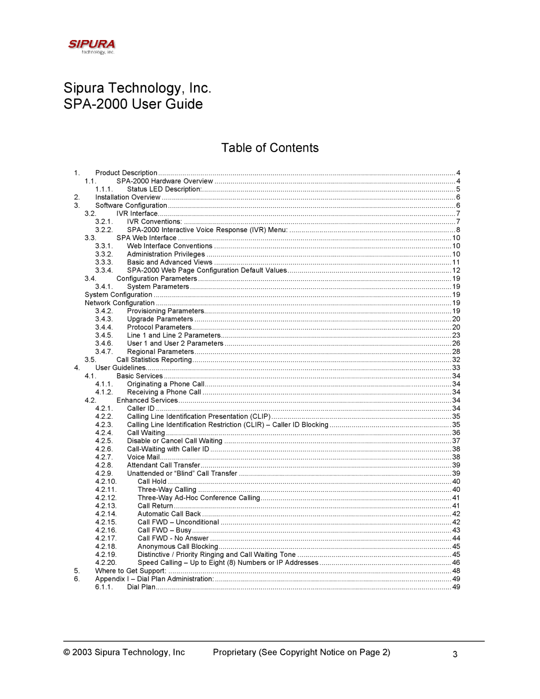 Sipura Technology manual Sipura Technology, Inc SPA-2000 User Guide, Table of Contents 