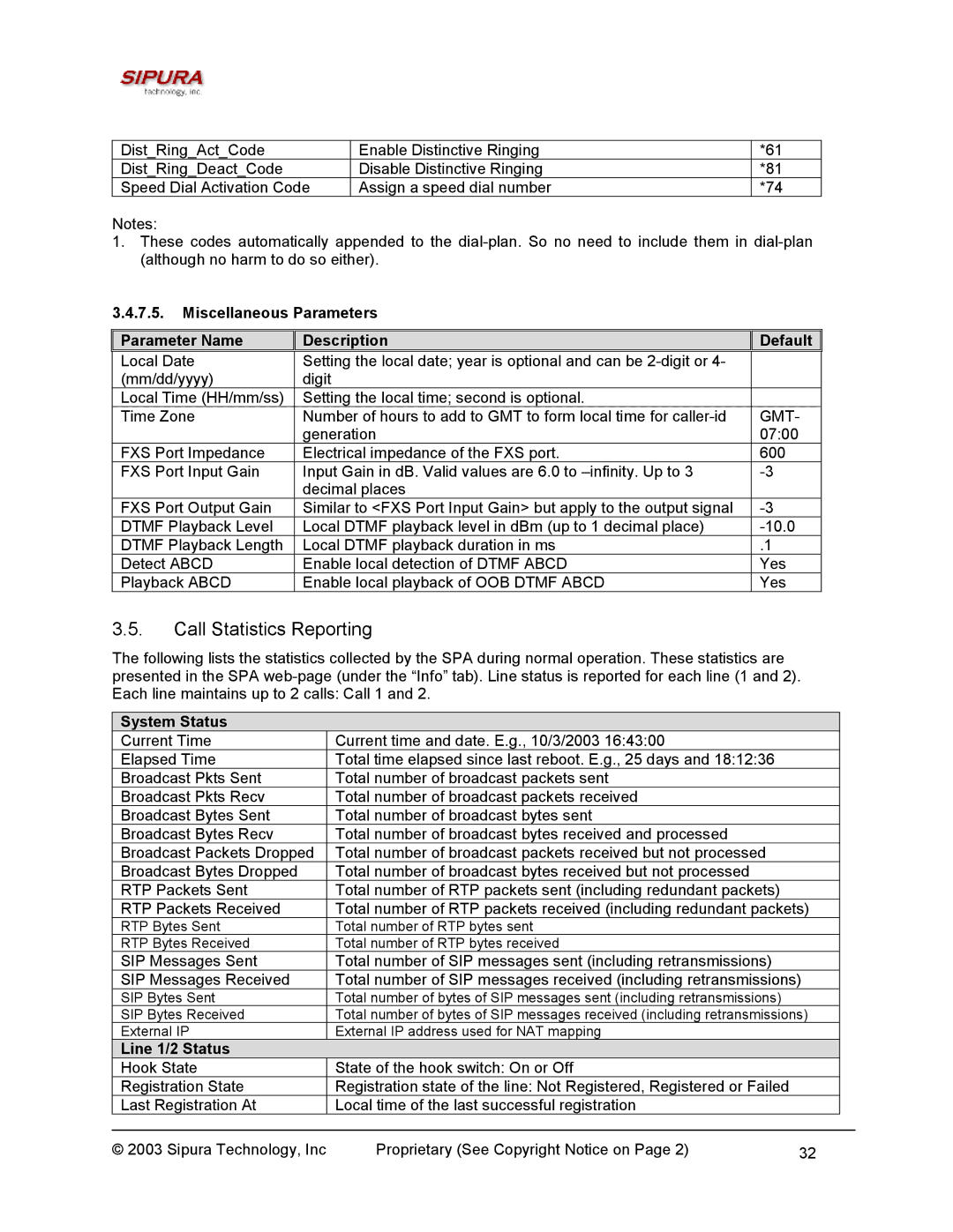 Sipura Technology SPA-2000 manual Call Statistics Reporting, Miscellaneous Parameters Parameter Name Description Default 