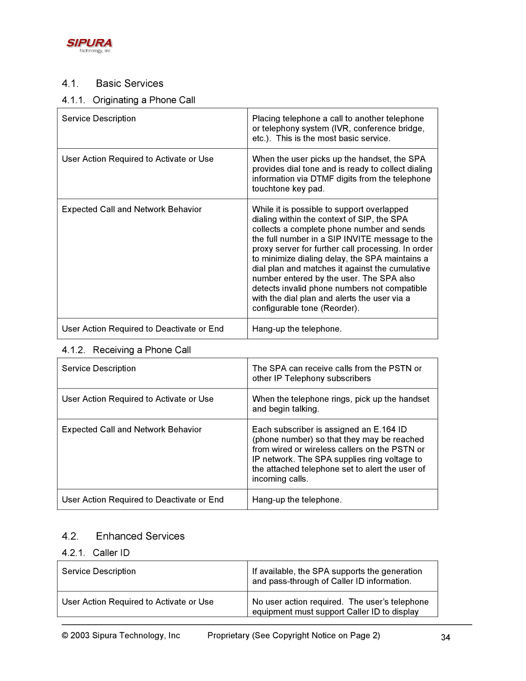 Sipura Technology SPA-2000 Basic Services, Enhanced Services, Originating a Phone Call, Receiving a Phone Call, Caller ID 