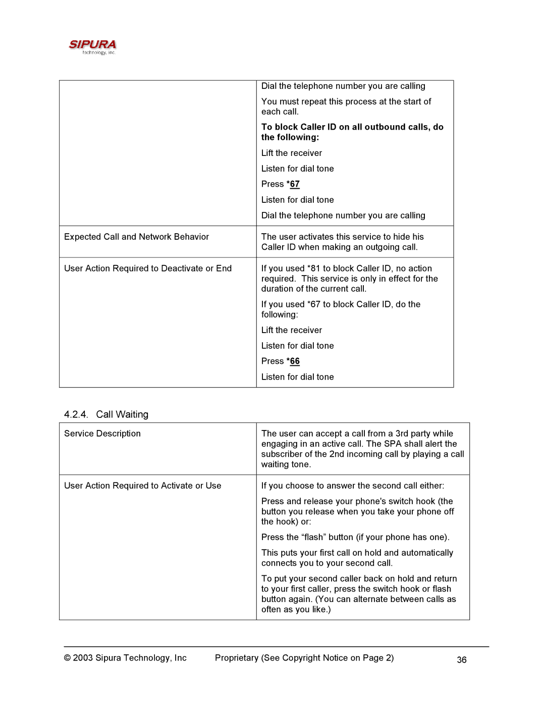 Sipura Technology SPA-2000 manual Call Waiting, To block Caller ID on all outbound calls, do, Following 