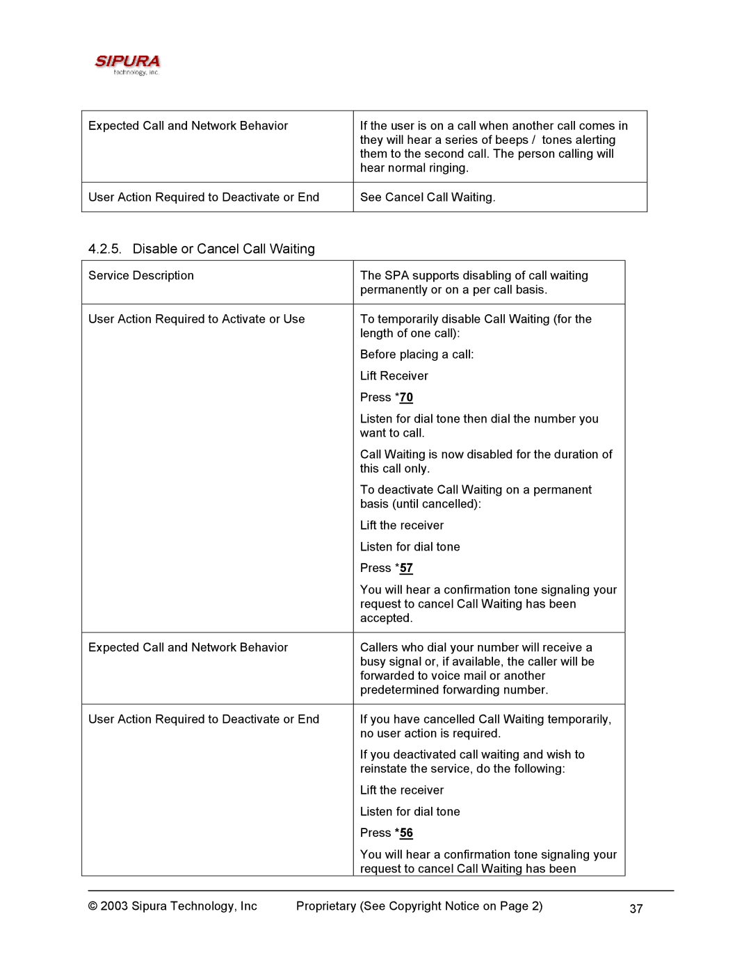 Sipura Technology SPA-2000 manual Disable or Cancel Call Waiting 