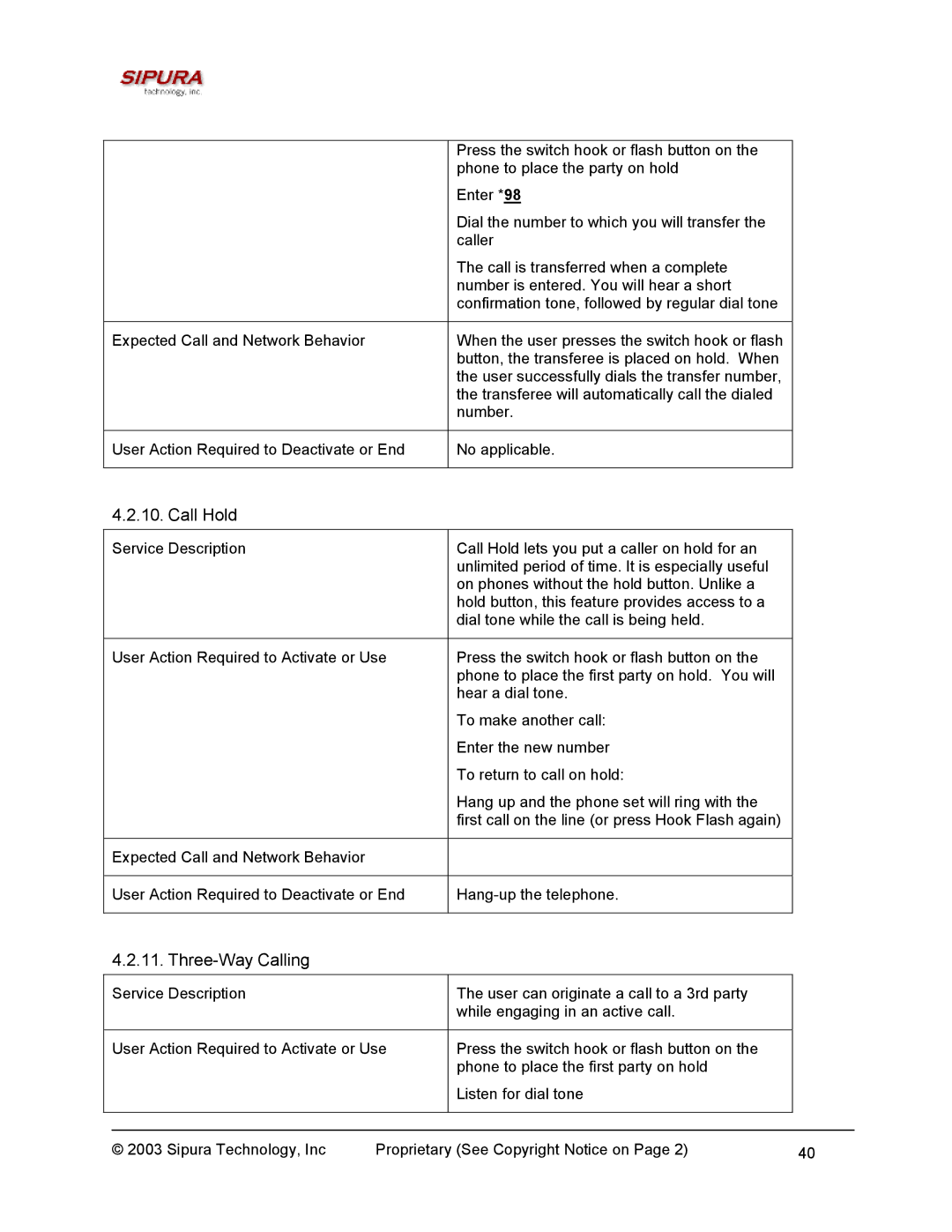 Sipura Technology SPA-2000 manual Call Hold, Three-Way Calling 