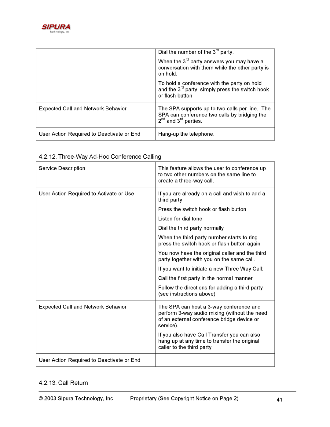 Sipura Technology SPA-2000 manual Three-Way Ad-Hoc Conference Calling, Call Return 