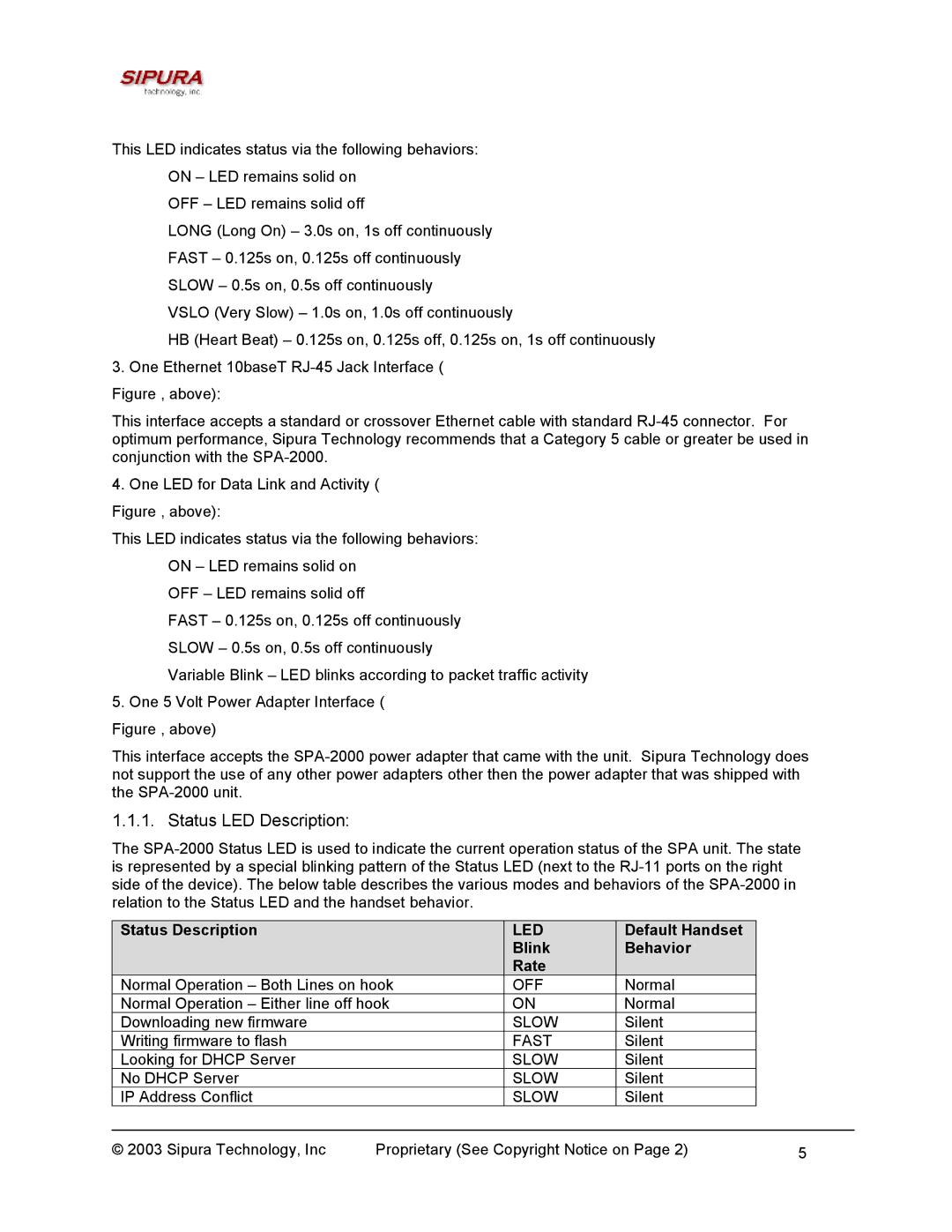 Sipura Technology SPA-2000 manual Status LED Description, Status Description, Default Handset Blink Behavior Rate 