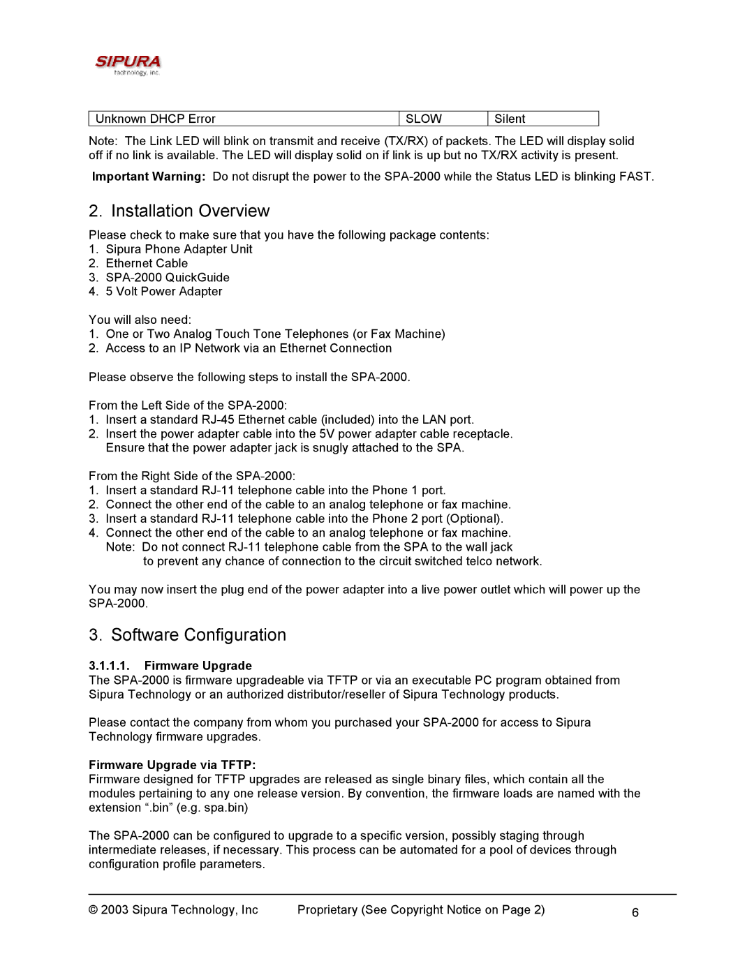 Sipura Technology SPA-2000 manual Installation Overview, Software Configuration, Firmware Upgrade via Tftp 