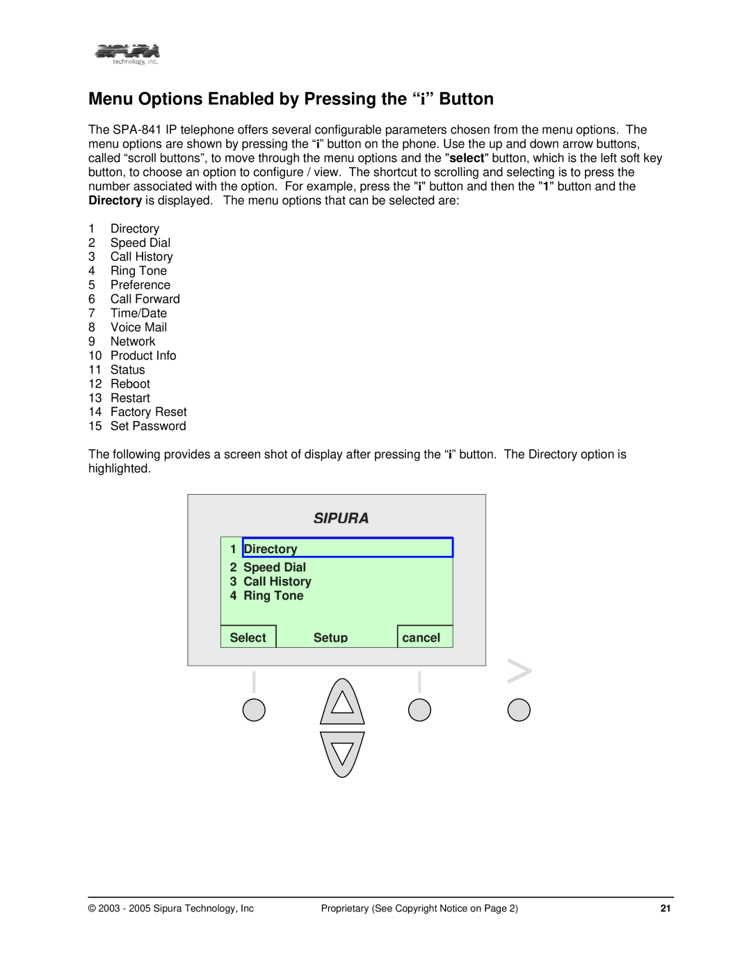 Sipura Technology SPA-841 manual Menu Options Enabled by Pressing the i Button 