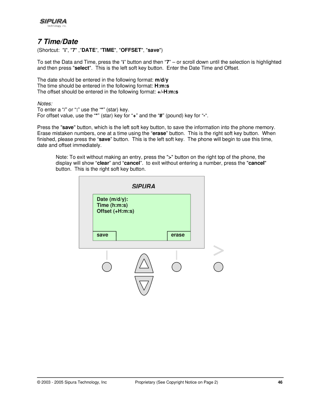 Sipura Technology SPA-841 manual Time/Date, Date m/d/y Time hms Offset +Hms Save Erase 