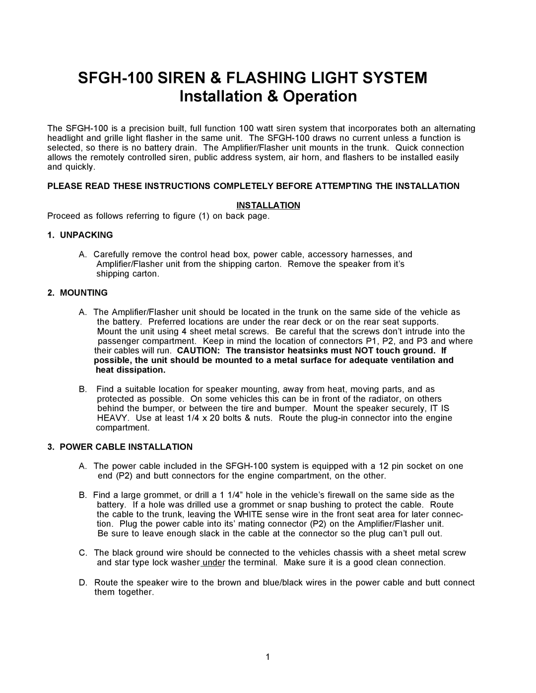 Siren Players SFGH-100 manual Unpacking, Mounting, Power Cable Installation 