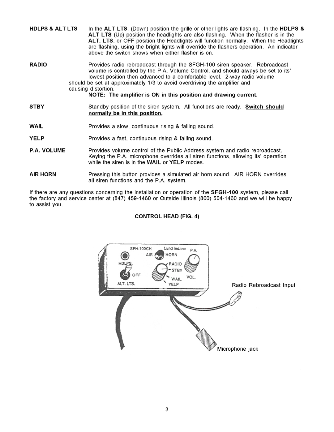 Siren Players SFGH-100 manual Radio, Stby, Wail, Yelp, Volume, AIR Horn, Control Head FIG 