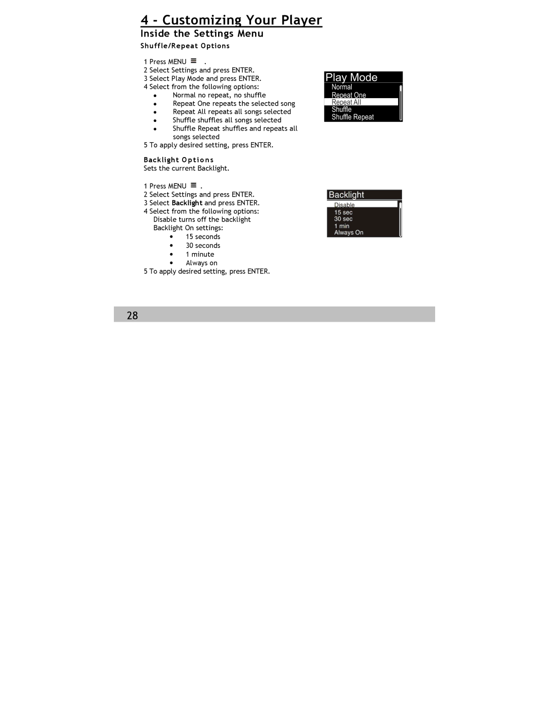 Siren Players Siren 1GB manual Customizing Your Player, Inside the Settings Menu 