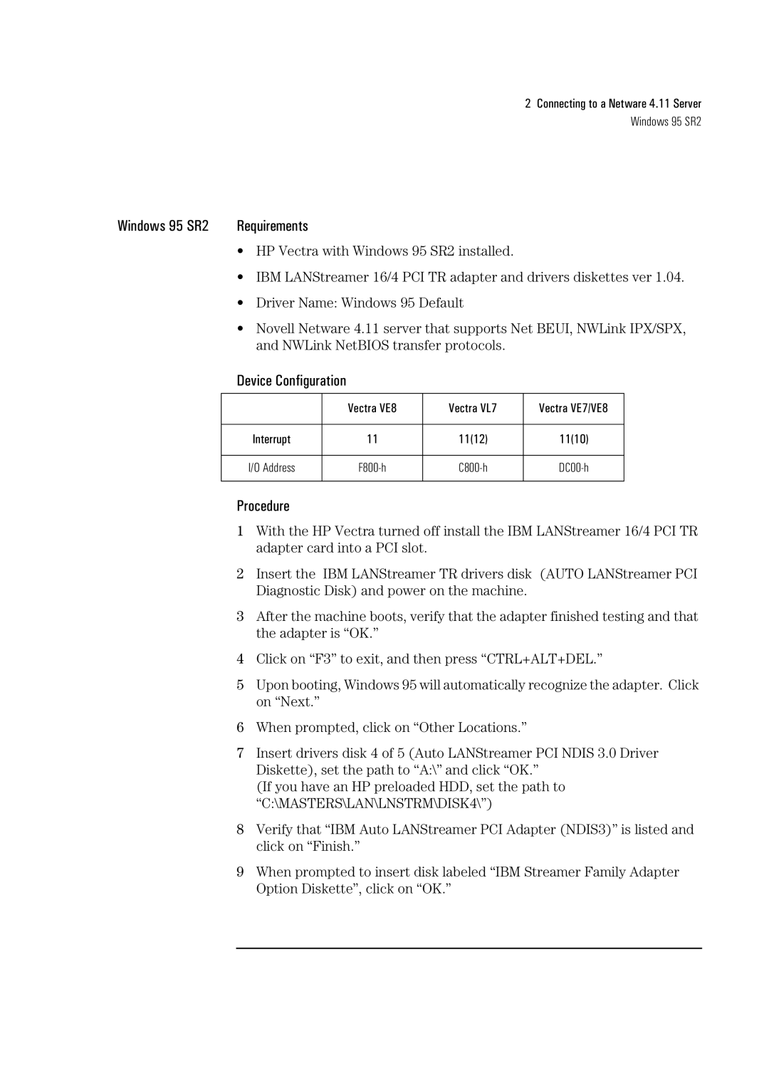 Sirius Satellite Radio 04H8095 manual Connecting to a Netware 4.11 Server Windows 95 SR2 