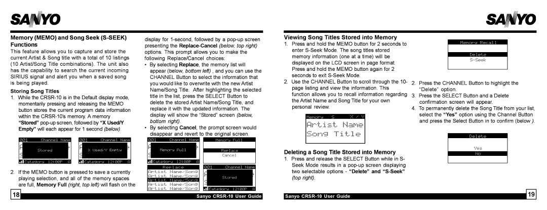 Sirius Satellite Radio 10 manual Memory Memo and Song Seek S-SEEK Functions, Viewing Song Titles Stored into Memory 