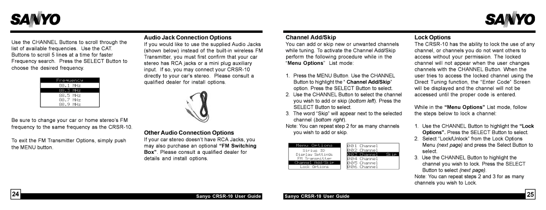 Sirius Satellite Radio 10 Audio Jack Connection Options, Other Audio Connection Options, Channel Add/Skip, Lock Options 