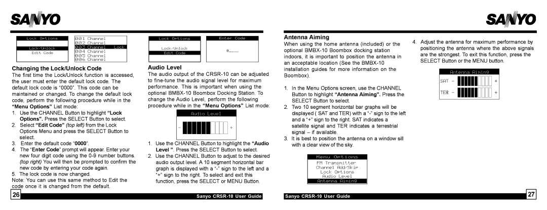 Sirius Satellite Radio 10 manual Changing the Lock/Unlock Code Audio Level Antenna Aiming 