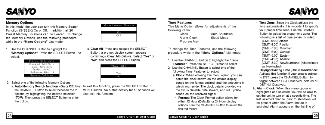 Sirius Satellite Radio 10 manual Memory Options, Time Features, Daylight Saving Time DST Observance 