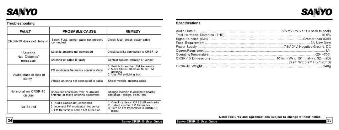 Sirius Satellite Radio 10 manual Troubleshooting, Specifications 