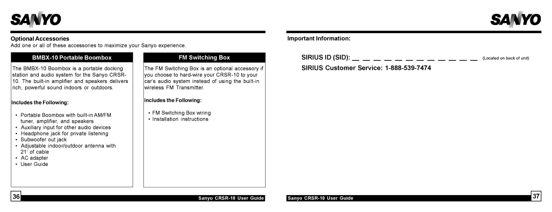 Sirius Satellite Radio 10 manual Optional Accessories, Important Information, Includes the Following 