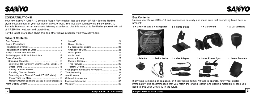 Sirius Satellite Radio 10 manual Table of Contents, Box Contents 