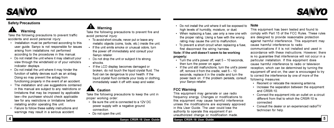 Sirius Satellite Radio 10 manual Safety Precautions, FCC Warning 