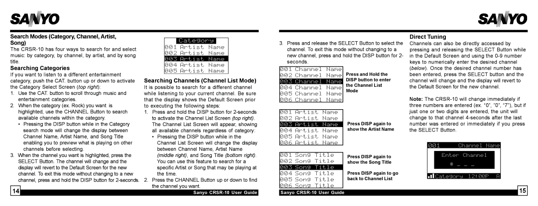 Sirius Satellite Radio 10 manual Search Modes Category, Channel, Artist, Song, Searching Categories, Direct Tuning 