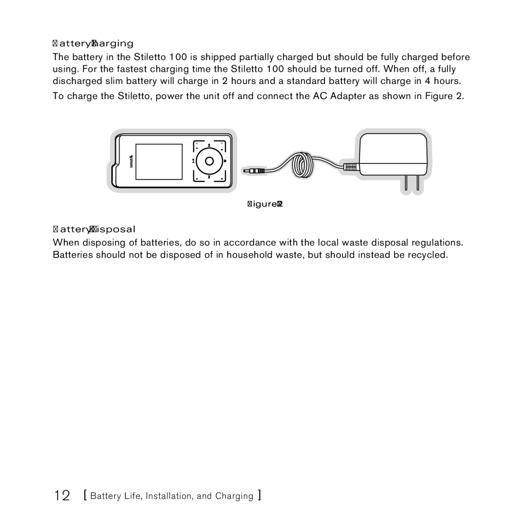 Sirius Satellite Radio 100 manual Battery Charging, Battery Disposal 