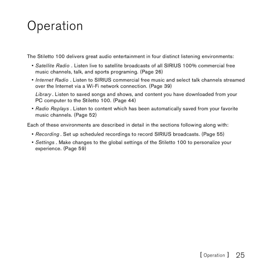 Sirius Satellite Radio 100 manual Operation 